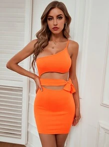 Neon Orange One Shoulder Cut-out Knotted Bodycon Dress - Orange - View 1