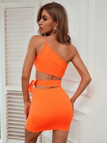 Neon Orange One Shoulder Cut-out Knotted Bodycon Dress - Orange - View 2
