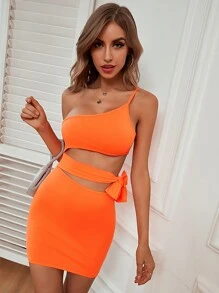 Neon Orange One Shoulder Cut-out Knotted Bodycon Dress - Orange - View 3