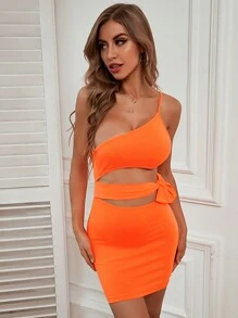 Neon Orange One Shoulder Cut-out Knotted Bodycon Dress - Orange - View 5