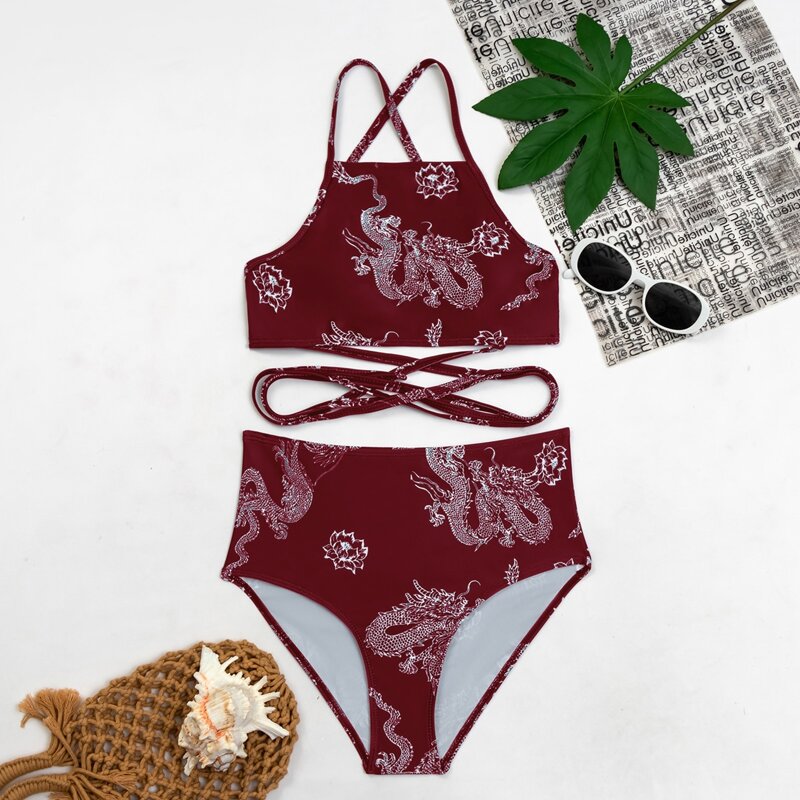 

Chinese Dragon Print High Waisted Bikini Swimsuit, Red and white