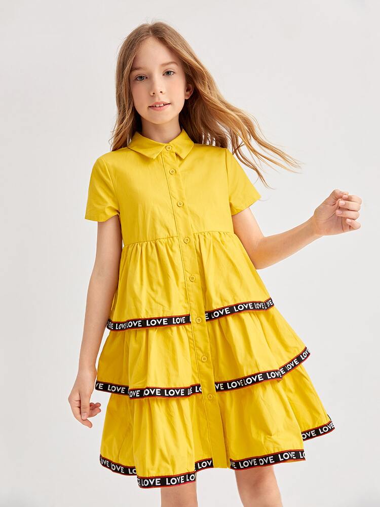 Girls Contrast Letter Tape Detail Layered Ruffle Hem Dress