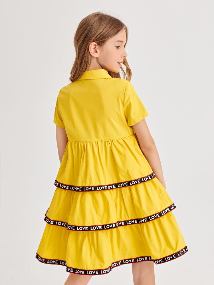 Girls Contrast Letter Tape Detail Layered Ruffle Hem Dress