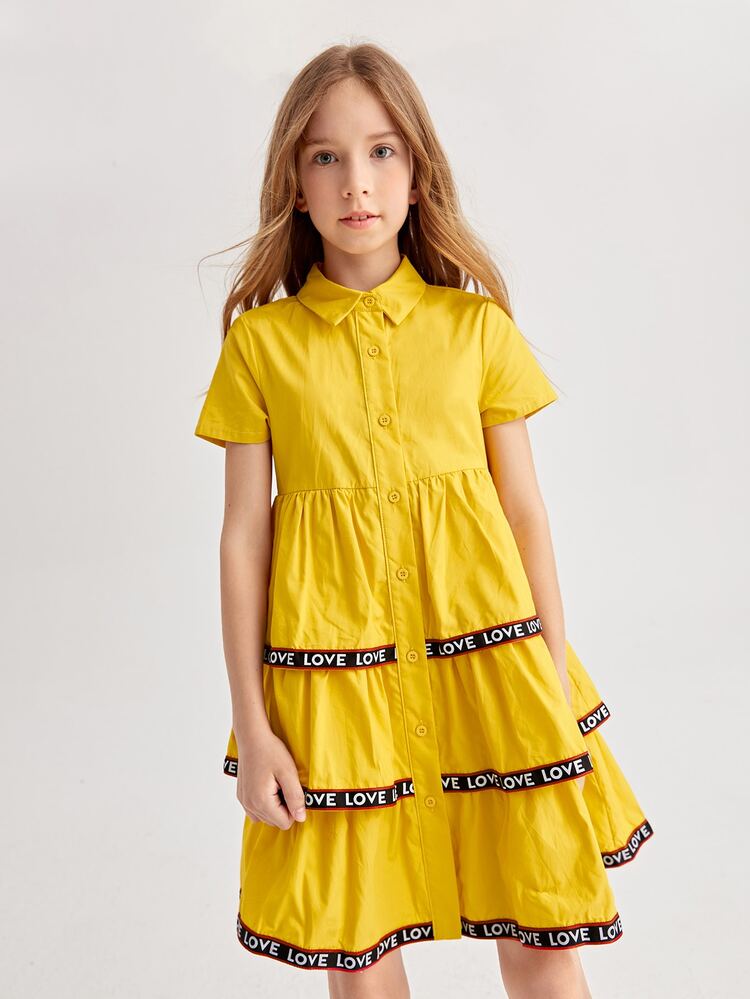Girls Contrast Letter Tape Detail Layered Ruffle Hem Dress