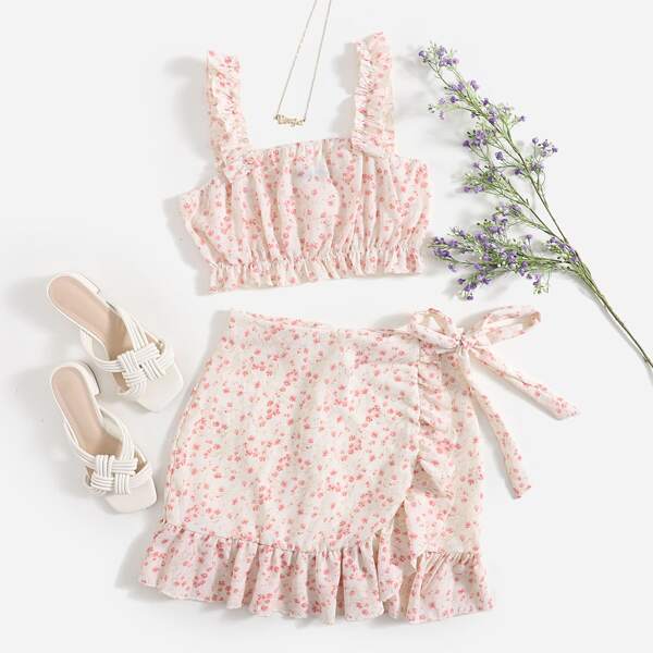 

Frill Trim Ditsy Floral Crop Top & Wrap Knot Skirt Set, Multicolor