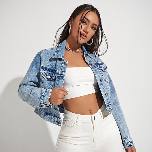 

Flap Pocket Button Front Denim Jacket, Light wash