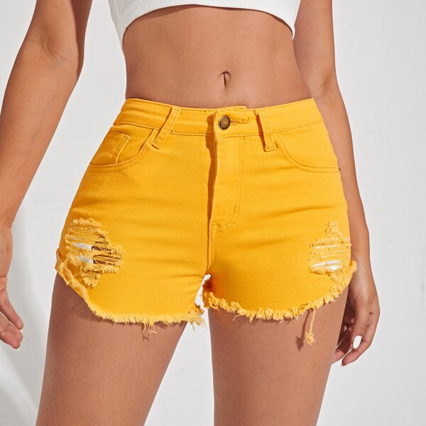 

Raw Hem Ripped Denim Shorts, Yellow