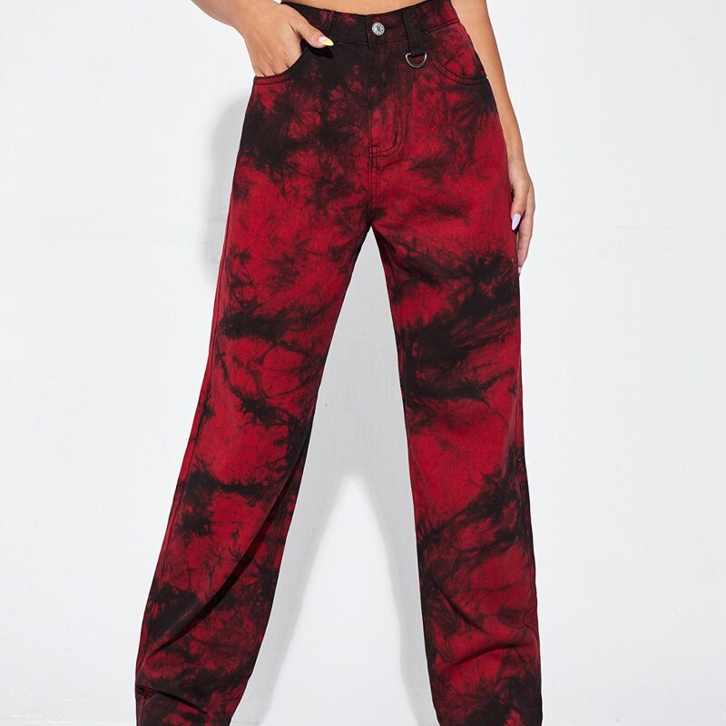 

High Waist Tie Dye D-ring Detail Jeans, Multicolor