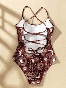 Sun & Moon Print Lace-up Back One Piece Swimsuit - Multicolor - View 2