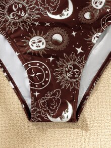 Sun & Moon Print Lace-up Back One Piece Swimsuit - Multicolor - View 4