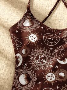 Sun & Moon Print Lace-up Back One Piece Swimsuit - Multicolor - View 5