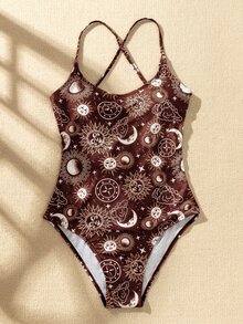 Sun & Moon Print Lace-up Back One Piece Swimsuit - Multicolor - View 6