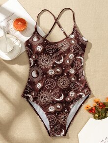 Sun & Moon Print Lace-up Back One Piece Swimsuit - Multicolor - View 7
