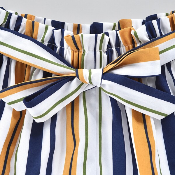 

Girls Fake Button Tee With Striped Belted Shorts, Multicolor