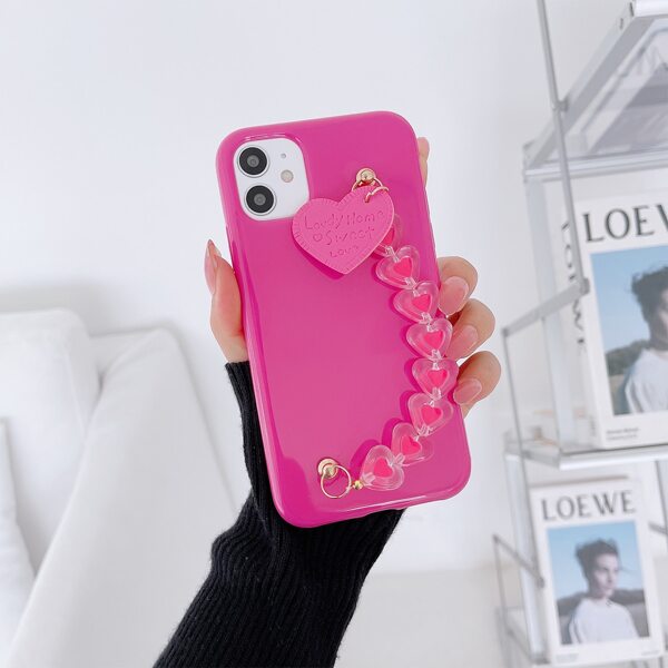 

Solid Anti-fall Phone Case With Heart Decor Hand Strap, Hot pink