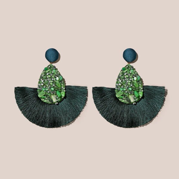 

Rhinestone & Tassel Decor Drop Earrings, Dark green