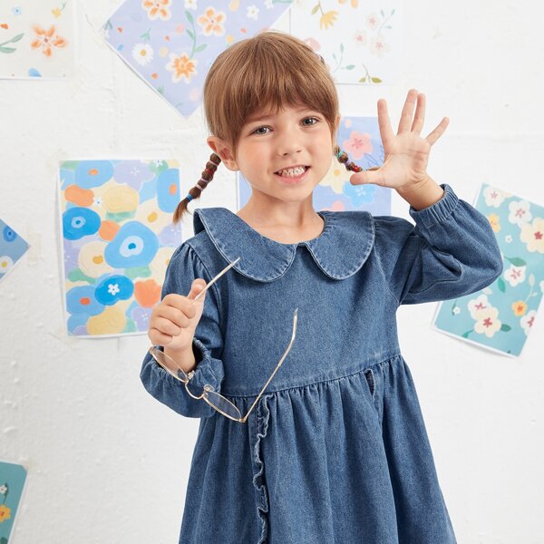 

Toddler Girls Ruffle Trim Denim Babydoll Dress, Medium wash