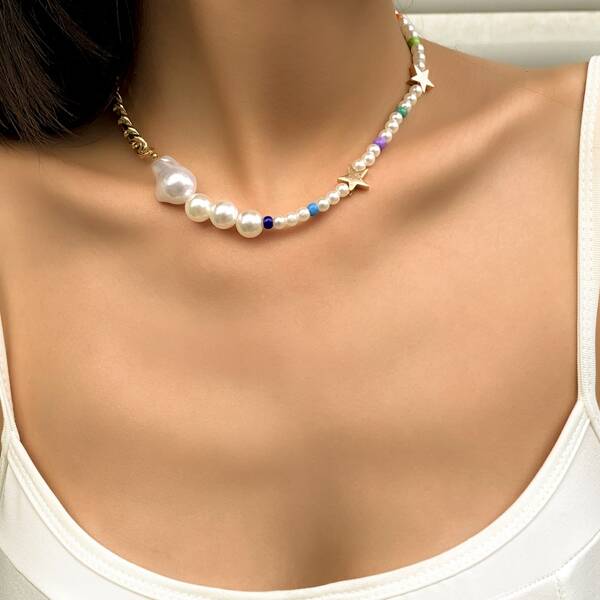 

Star & Faux Pearl Decor Beaded Necklace, Multicolor