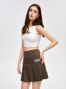 ROMWE Letter Pleated Skirt - Coffee Brown - View 3