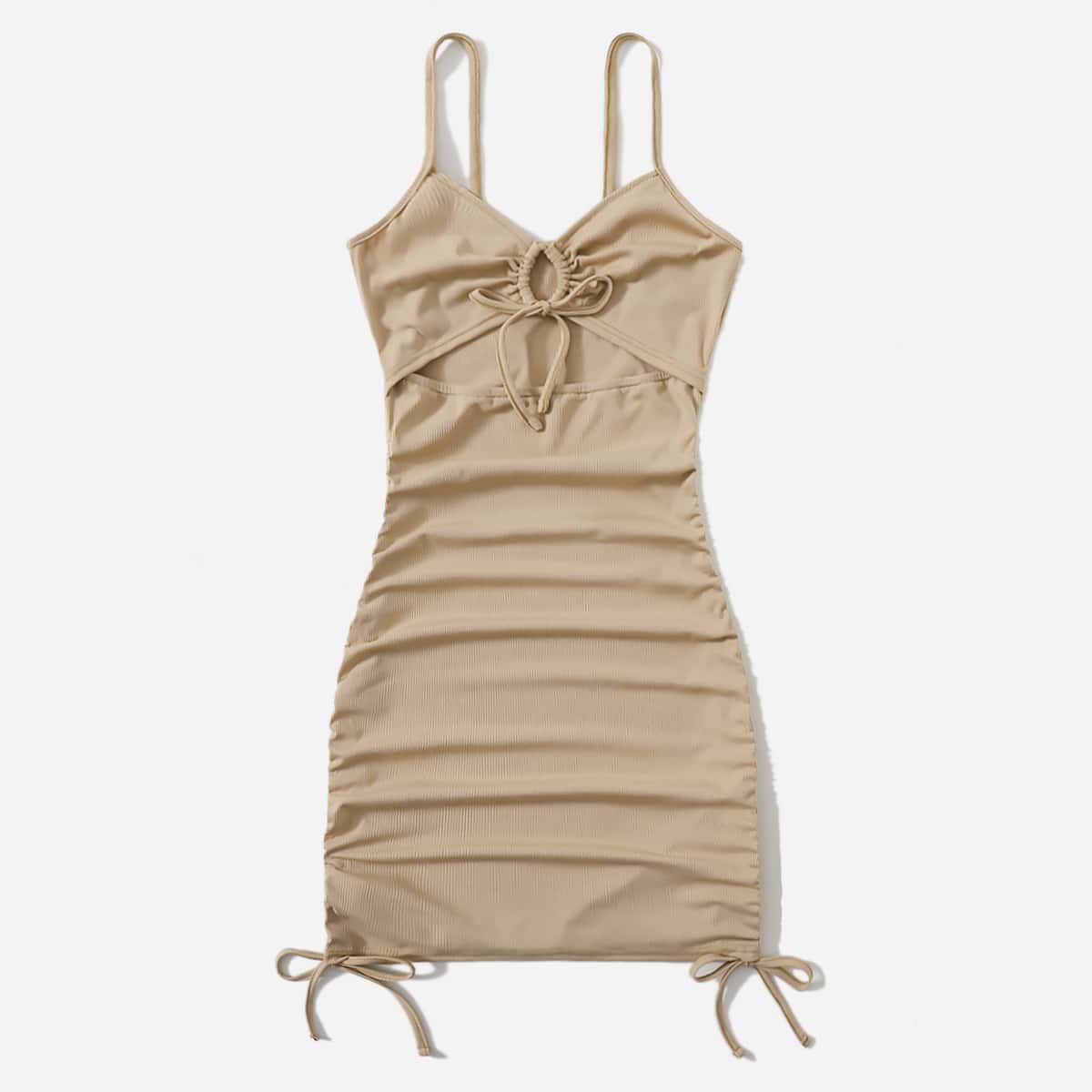 

Solid Drawstring Ruched Dress, Khaki