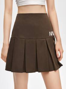 ROMWE Letter Pleated Skirt - Coffee Brown - View 4
