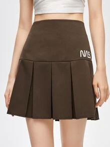 ROMWE Letter Pleated Skirt - Coffee Brown - View 5