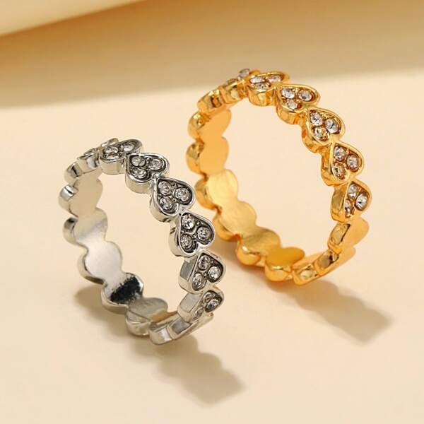 

2pcs Rhinestone Heart Decor Ring, Multicolor