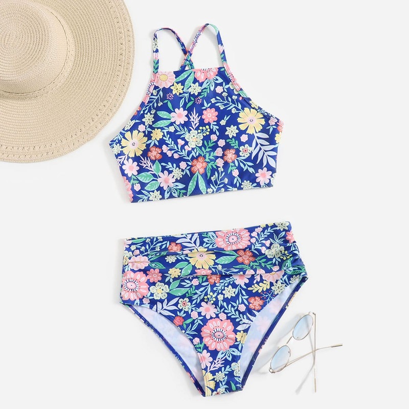 

Floral Pattern Bikini Swimsuit, Blue