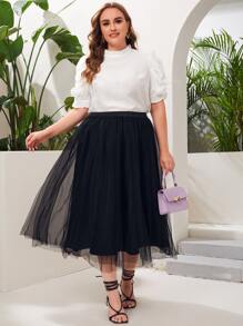 SHEIN Privé Plus Frilled Puff Sleeve Top - White - View 3