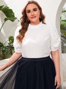 SHEIN Privé Plus Frilled Puff Sleeve Top - White - View 5