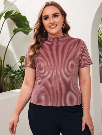SHEIN Plus Lettuce Edge Rib-knit Velvet Top