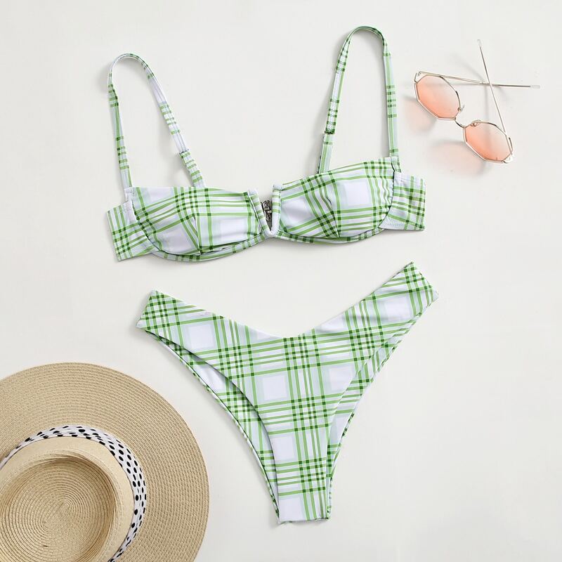 

Plaid Pattern Bikini Swimsuit, Multicolor