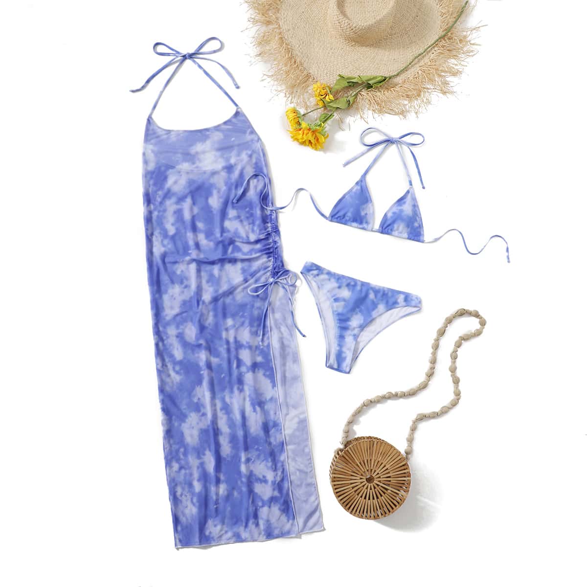 

3pack Tie Dye Bikini Swimsuit With Cover Up, Blue