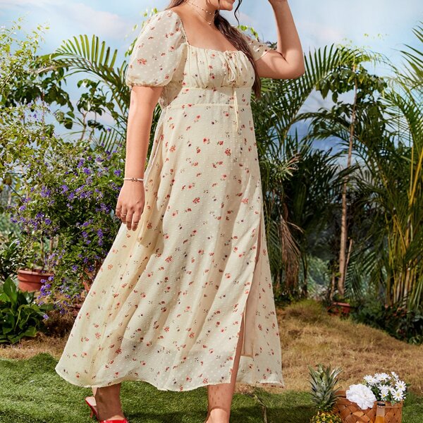

Plus Ruched Bust Split Hem Floral Dress, Beige
