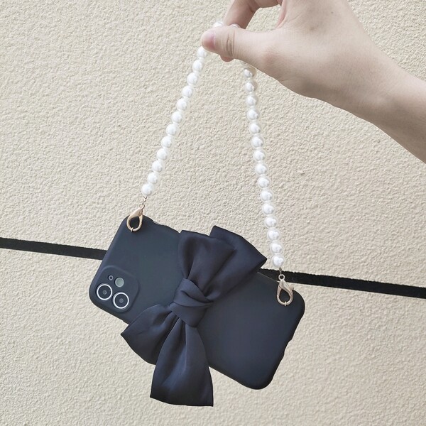 

3D Bowknot Decor Phone Case With Faux Pearl Hand Strap, Black
