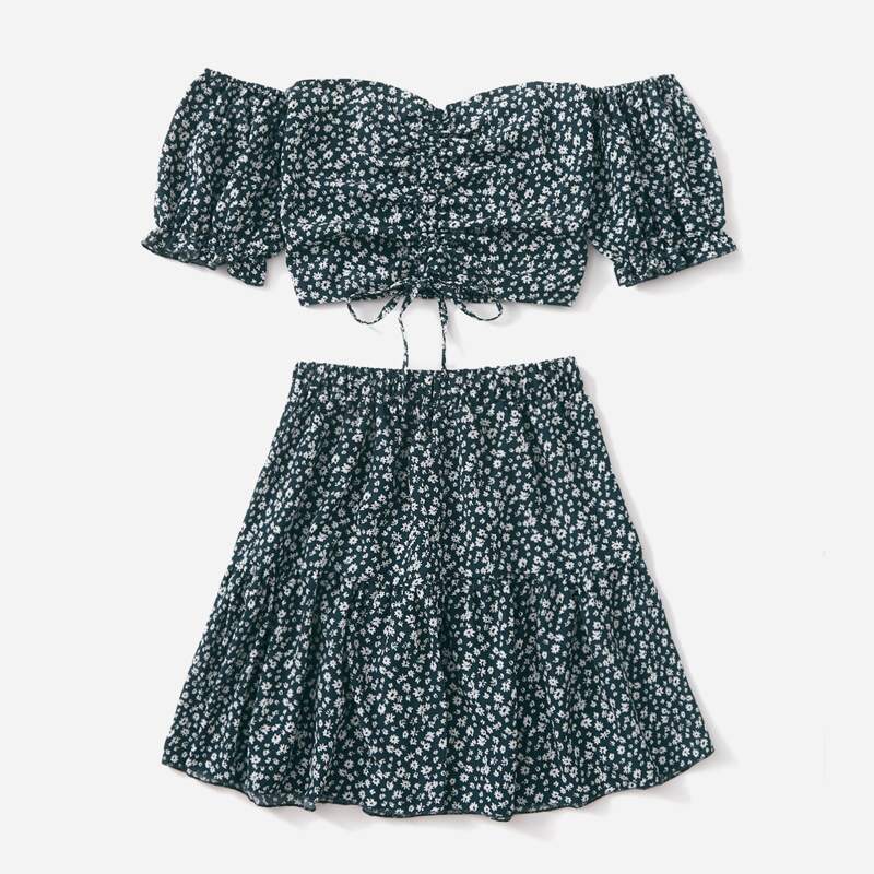 

Off The Shoulder Drawstring Top & Skirt, Multicolor