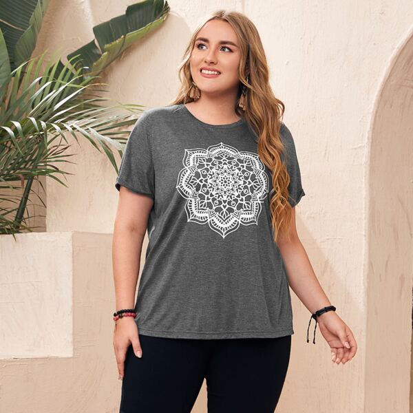 

Plus Cuffed Sleeve Floral Print Tee, Dark grey
