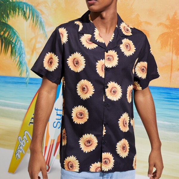 

Guys Sunflower Graphic Button Front Shirt, Black