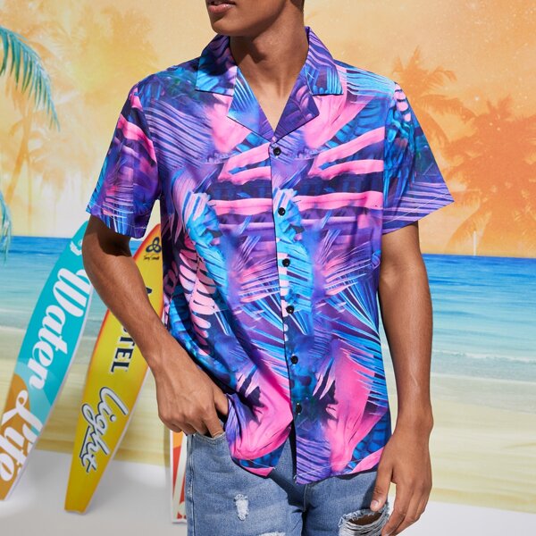 

Guys Leaf Print Button Front Shirt, Multicolor