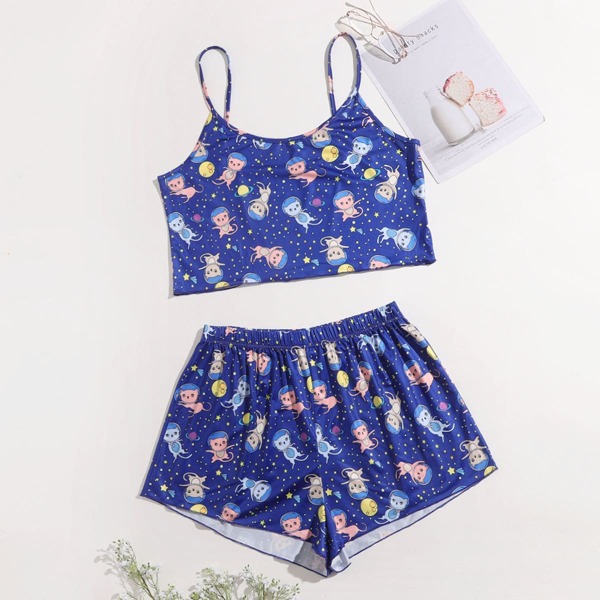

Plus Cartoon Graphic Cami Pajama Set, Blue