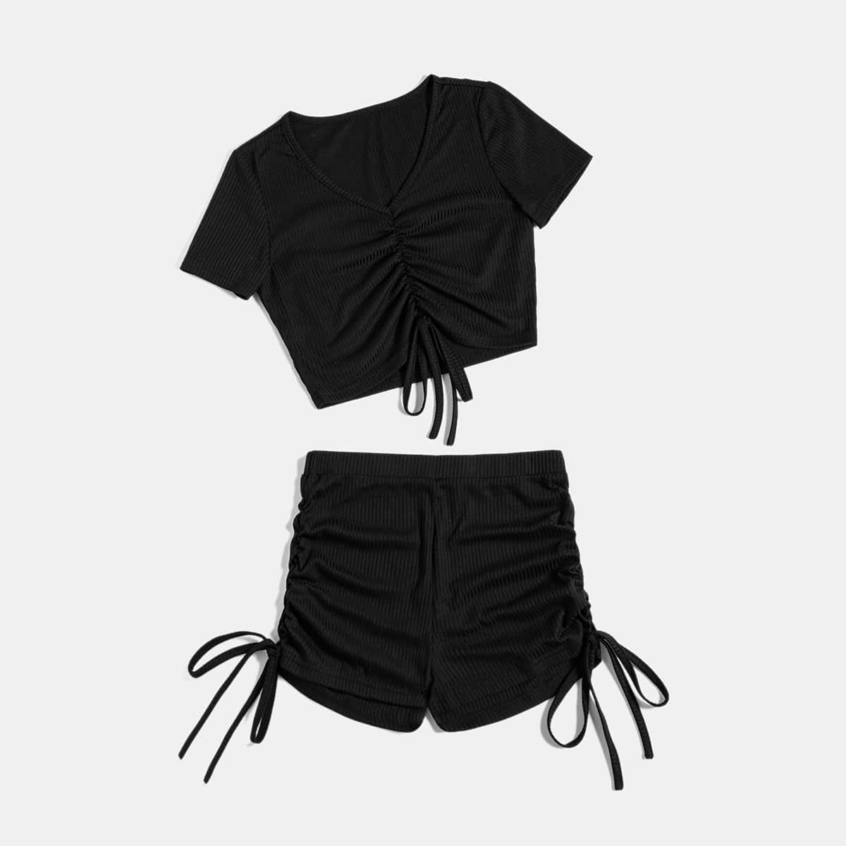 

Solid Drawstring Rib-Knit Crop Tee & Shorts, Black