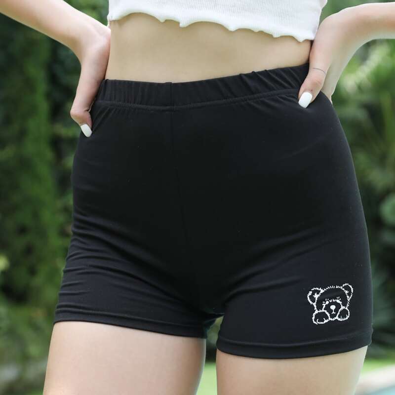 

Cartoon Bear Graphic Biker Shorts, Black