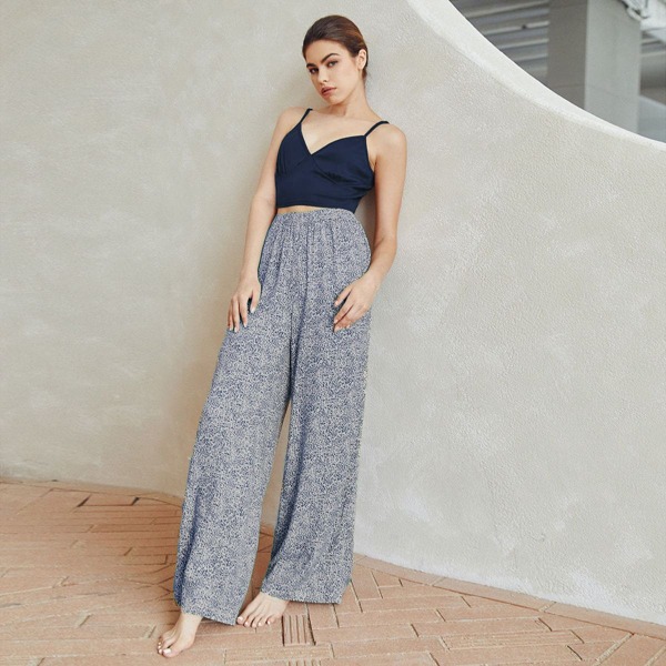 

Solid Cami Top & Allover Print Pants Pajama Set, Navy blue