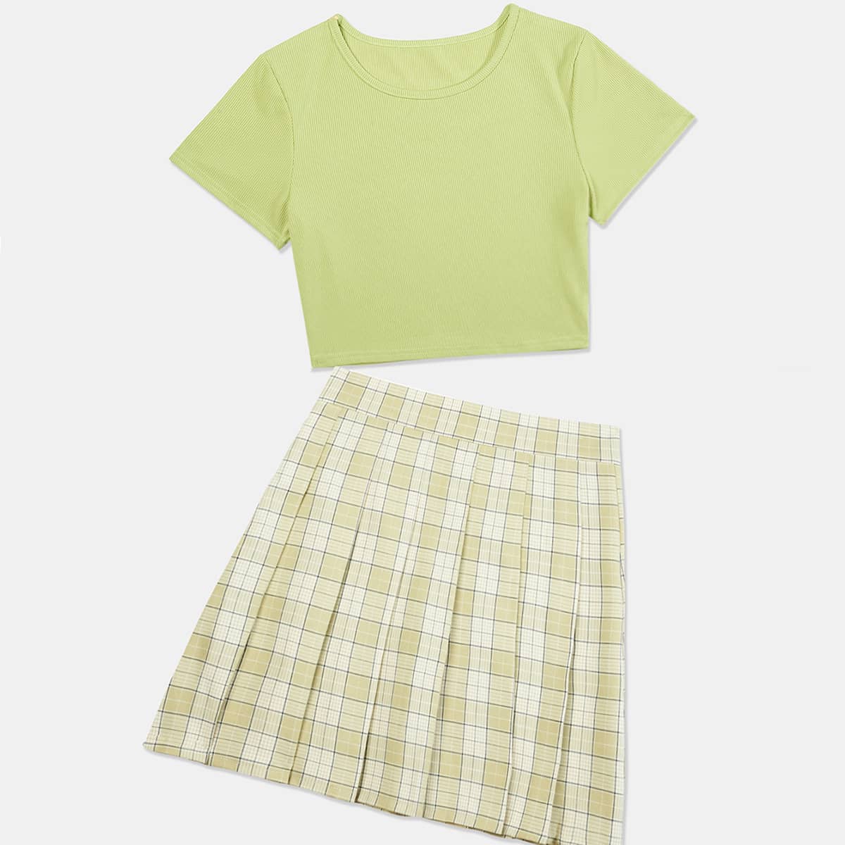 

Solid Ribbed Tee & Plaid Pleated Skirt, Lime green