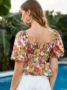 SHEIN 印花泡泡袖繫帶荷葉邊下擺上衣 - 彩色 - 查看 2