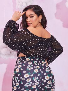 Calvaya Plus Heart Print Tie Front Top Without Bra - Black - View 2