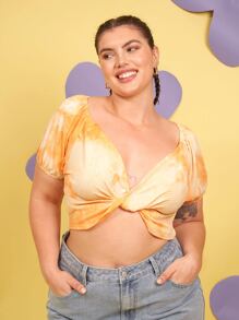 SHEIN Unity Áo thun Plus size xoắn lại Cà vạt nhuộm Gợi cảm - Màu vàng - Xem 1