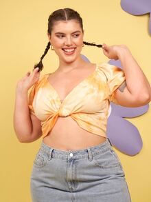 SHEIN Unity Áo thun Plus size xoắn lại Cà vạt nhuộm Gợi cảm - Màu vàng - Xem 3