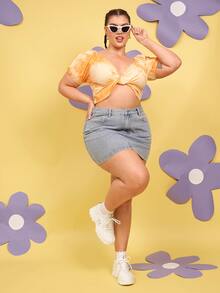 SHEIN Unity Áo thun Plus size xoắn lại Cà vạt nhuộm Gợi cảm - Màu vàng - Xem 4