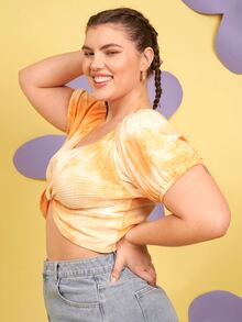 SHEIN Unity Áo thun Plus size xoắn lại Cà vạt nhuộm Gợi cảm - Màu vàng - Xem 5